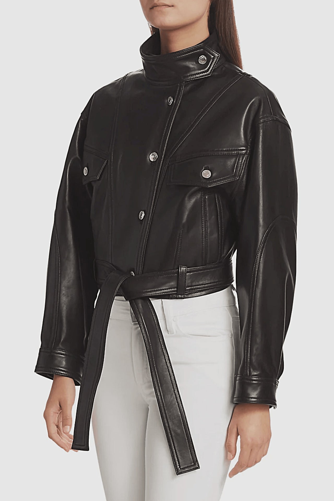 Black Leather Belted Jacket
