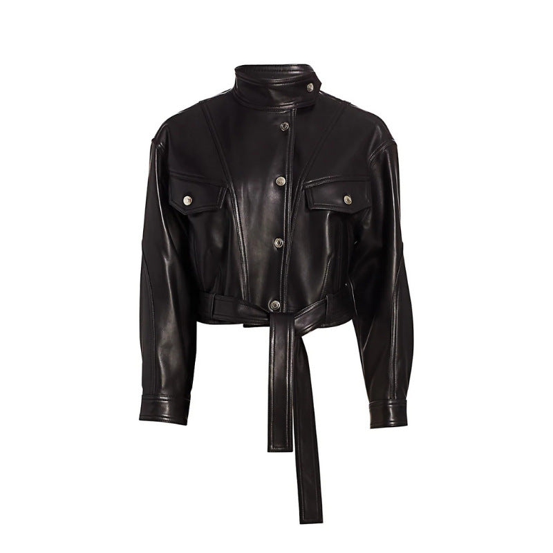 Black Leather Belted Jacket