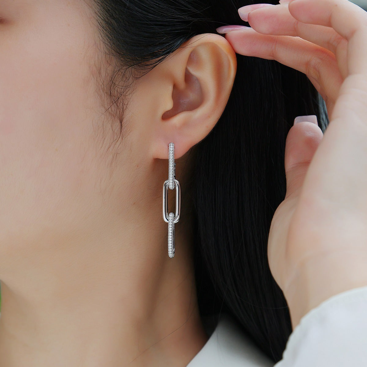 Sterling Silver, Moissanite Gemstone Chain Link Earrings