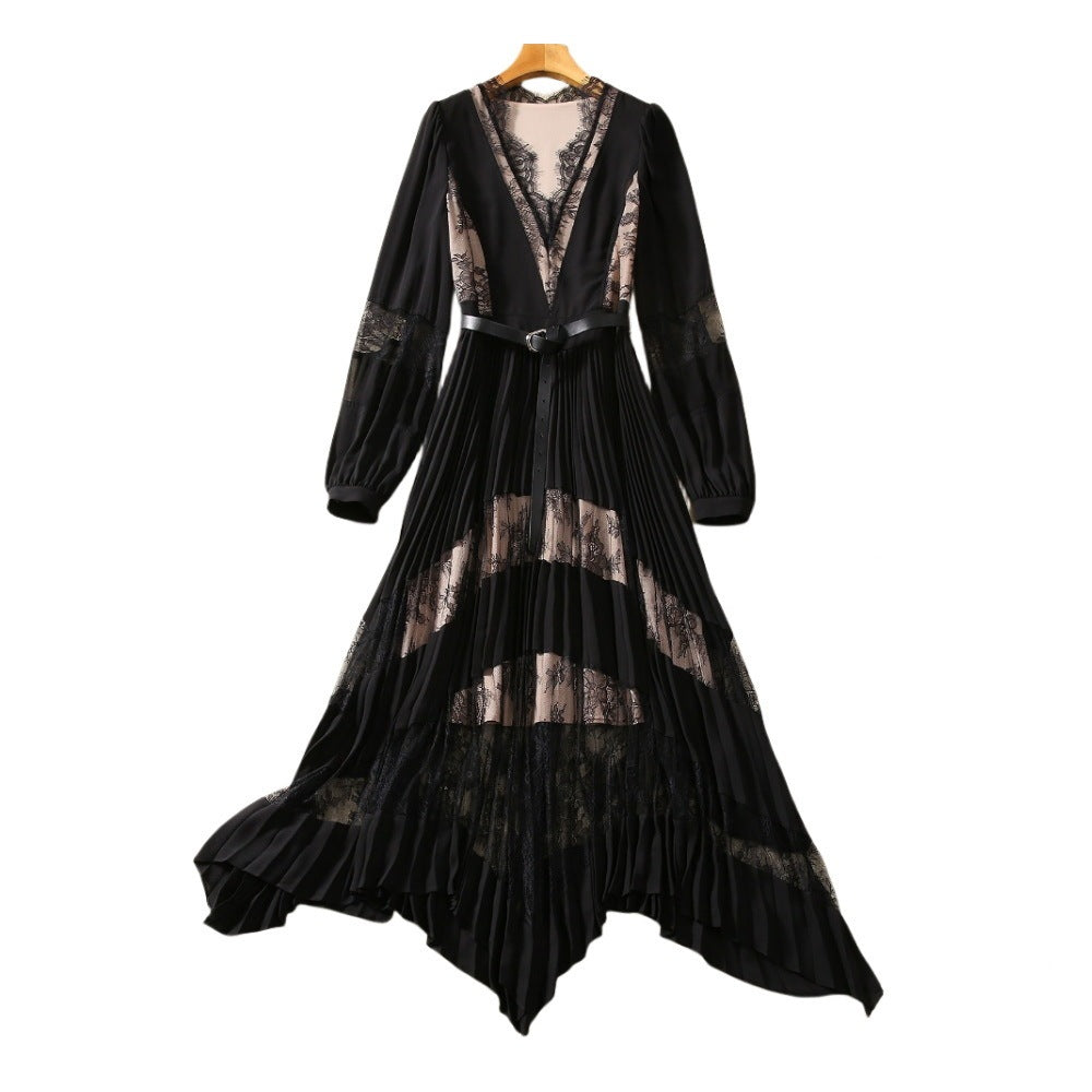 V-neck Long Sleeve Black Lace Dress