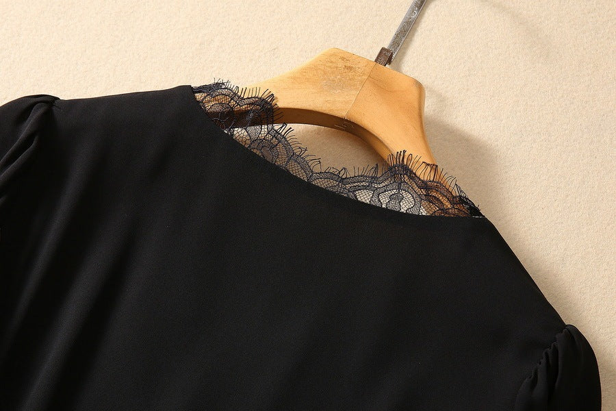 V-neck Long Sleeve Black Lace Dress