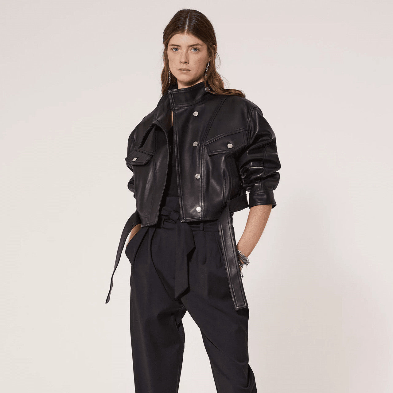 Black Leather Belted Jacket