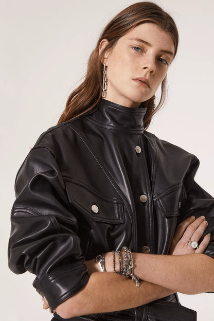 Black Leather Belted Jacket