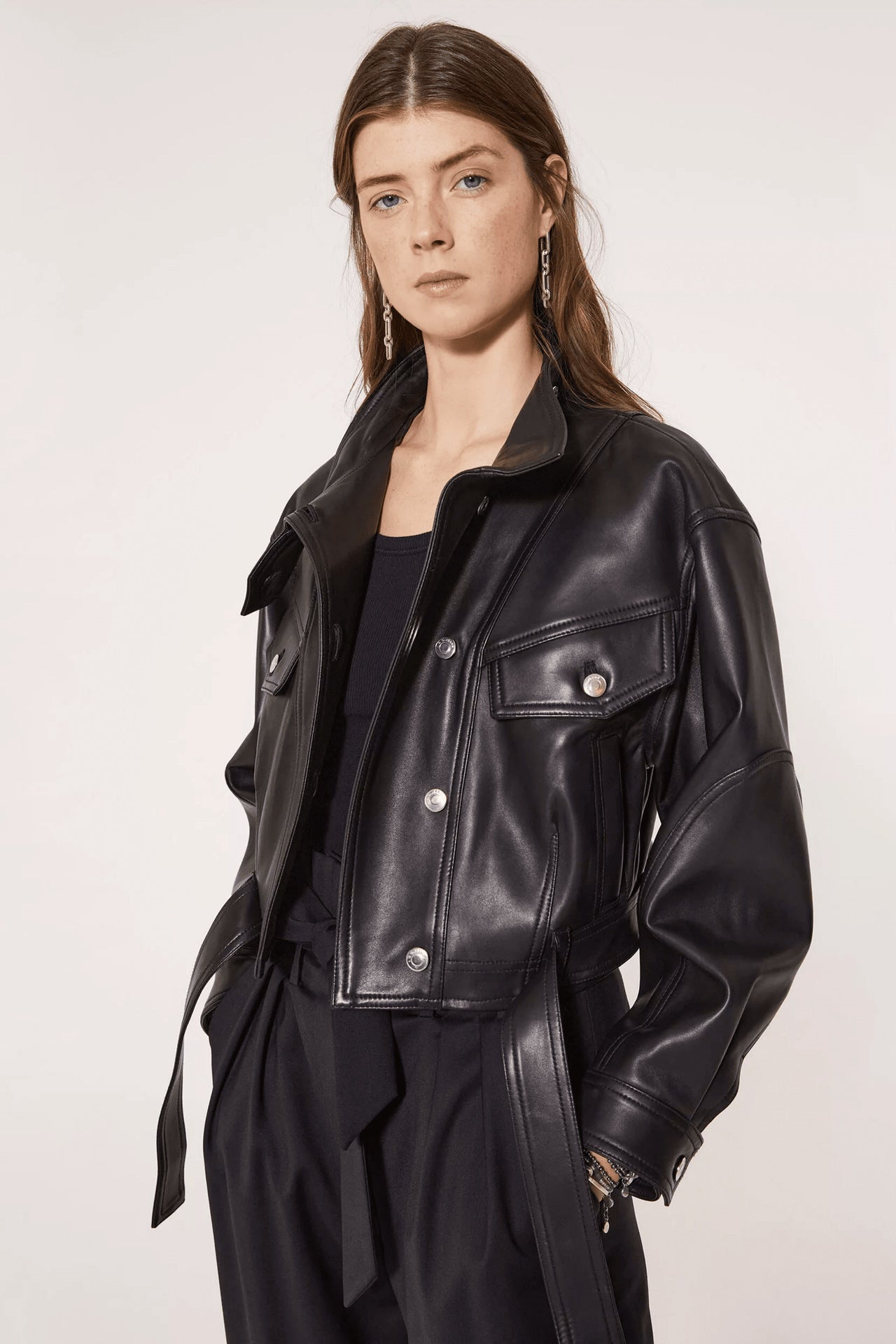 Black Leather Belted Jacket