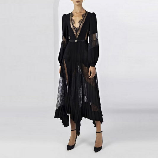 V-neck Long Sleeve Black Lace Dress