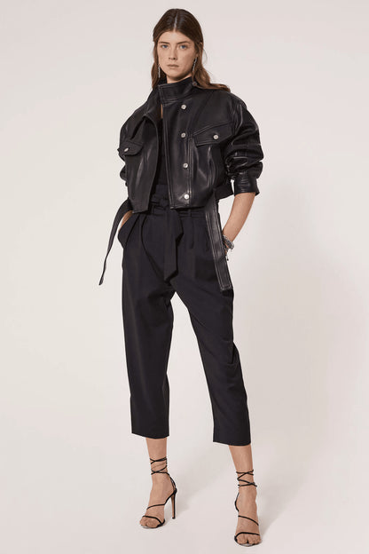 Black Leather Belted Jacket